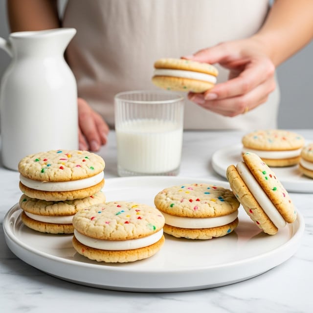 On a white round plate, there are five sandwich cookies with two light beige cookies speckled with small colorful sprinkles, held together with a thick smooth white cream layer in the middle. Three cookies are stacked on the left side of the plate, while one cookie lies flat at the front center and another cookie stands upright leaning on the flat one on the right side. In the background, a woman's hand is holding a similar cookie near a clear ribbed glass cup filled with milk, along with a white ceramic jug, all placed on a white marbled surface. photo taken with an iphone --ar 4:5 --v 7