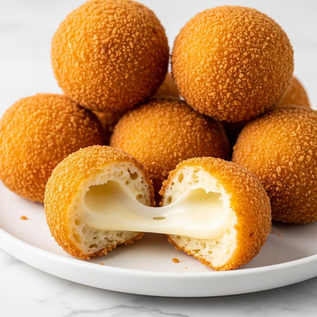 A close-up view of six golden-brown fried cheese balls stacked on a white plate, with one ball in the front broken open to show melted, stretchy cheese inside. The outside is crispy with a textured, rough surface and a golden crust, while the inside is soft and creamy white. The plate sits on a white marbled texture. photo taken with an iphone --ar 4:5 --v 7
