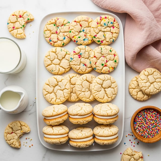 A white rectangular plate filled with three types of cookies placed on a white marbled surface: at the top, round cookies with colorful sprinkles dotted throughout their cracked light beige tops; below them, plain light beige round cookies with a cracked texture; at the bottom, sandwich cookies made from the sprinkled cookies with a smooth white cream filling in the middle. Around the plate, there are a few loose cookies, including one with a bite taken out of it. A small wooden bowl with colorful round sprinkles is partially visible at the bottom right, alongside a small white pitcher and a glass of milk on the left. A pink linen cloth rests near the top right corner. photo taken with an iphone --ar 4:5 --v 7