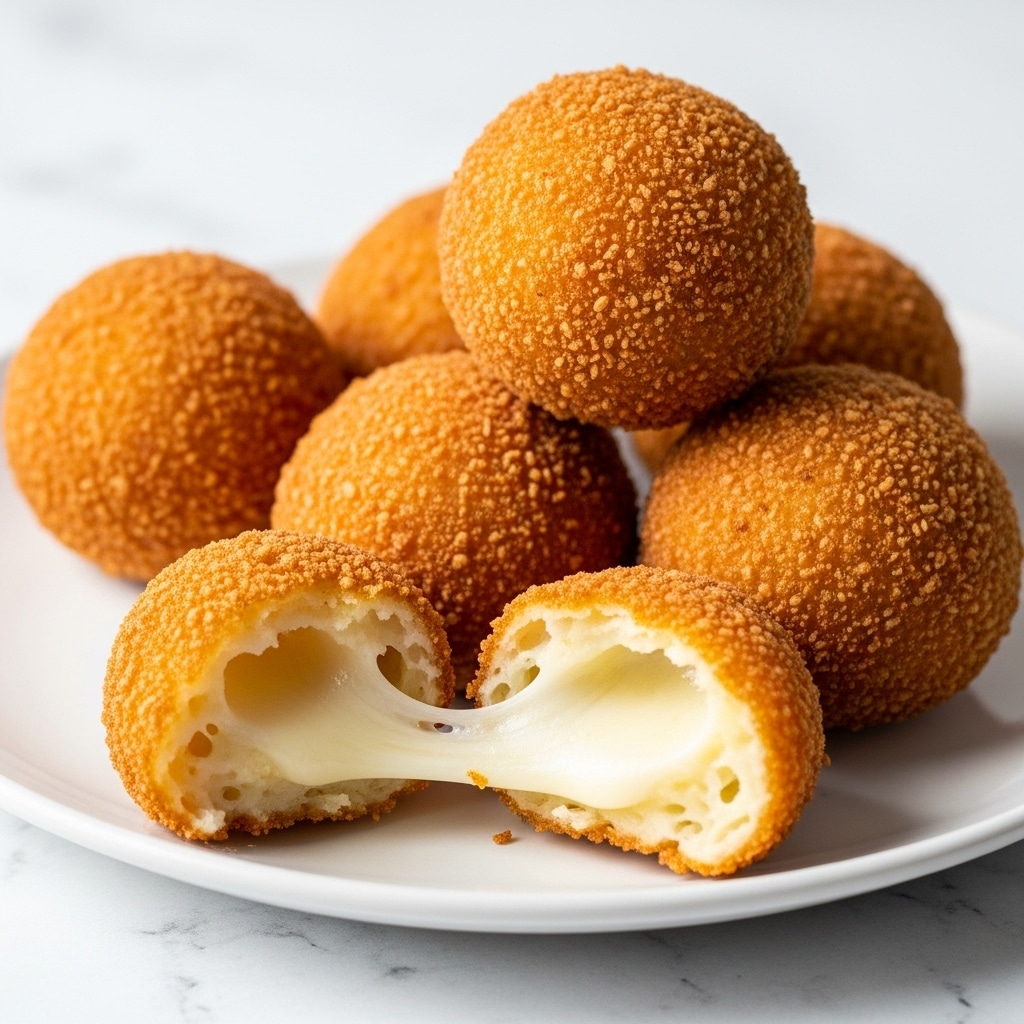 A white round plate holds five small cheese bread balls with a golden-brown crispy outside. One cheese bread ball is broken open in front, showing a soft, gooey, and cheesy inside with melted cheese strands stretching between the parts. Steam rises from the warm cheese breads against a plain, out-of-focus background. The plate sits on a white marbled surface. photo taken with an iphone --ar 4:5 --v 7