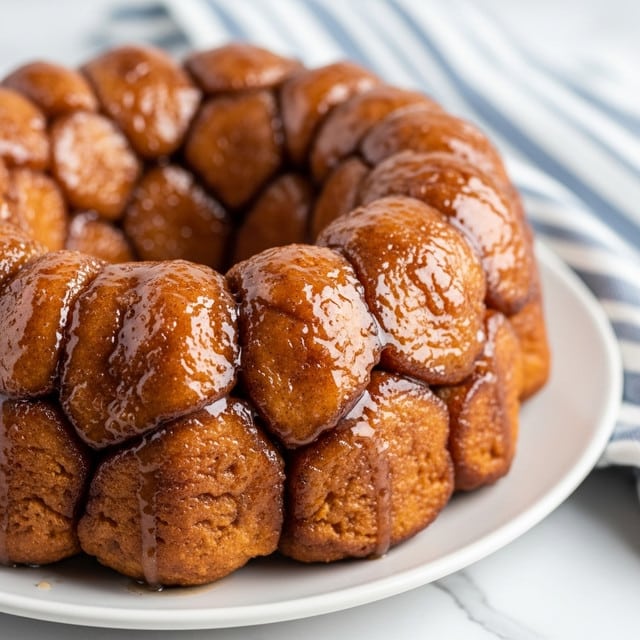 The image shows a close-up of sticky, golden-brown monkey bread with about two visible layers of soft, rounded dough pieces covered in shiny cinnamon glaze. The dough pieces are packed tightly together on a white plate, with the syrupy glaze making each piece glisten under the light. The background includes a blue and white striped cloth on a white marbled surface, adding a cozy touch to the scene. photo taken with an iphone --ar 4:5 --v 7
