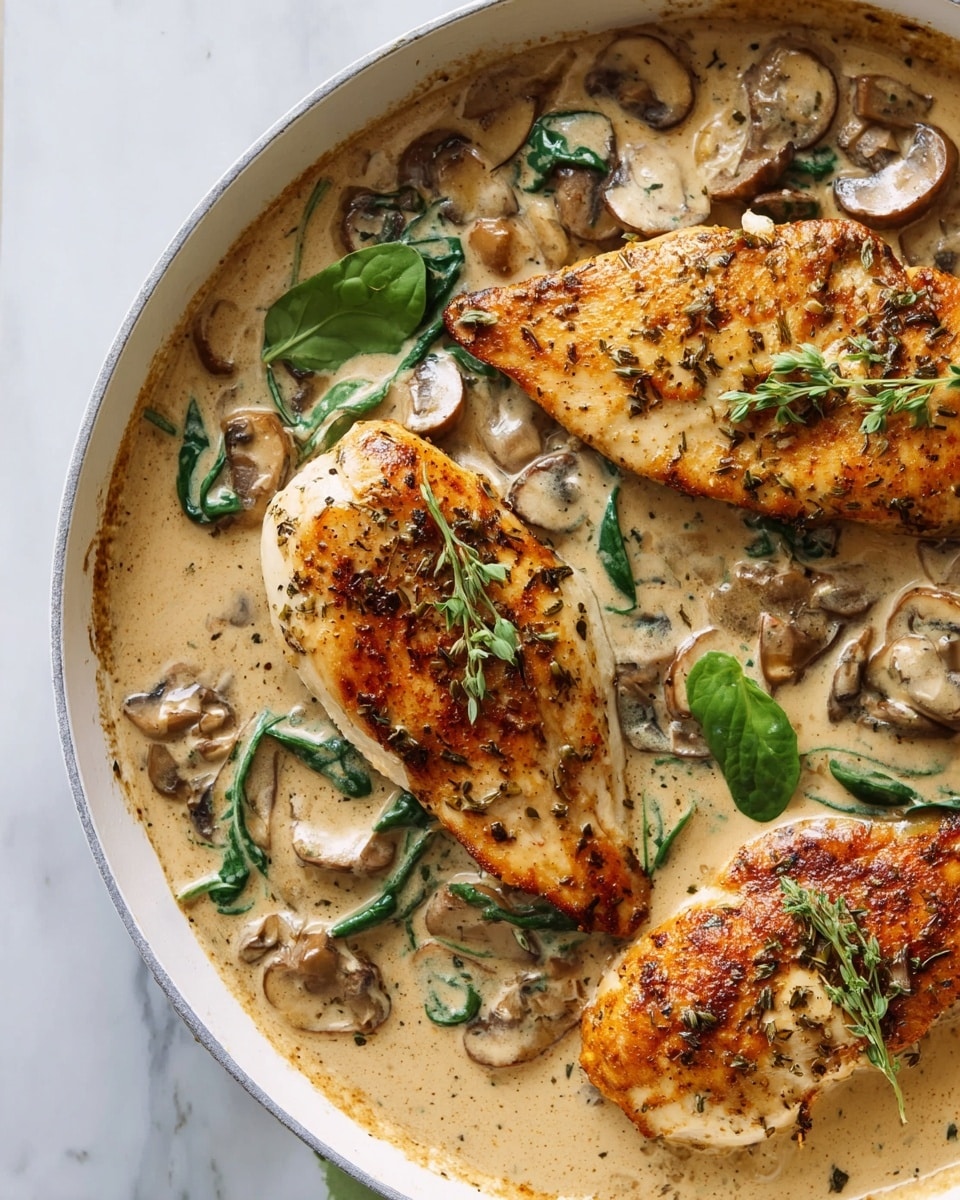 The image shows a close-up view of several pieces of golden-brown chicken breast, each piece coated in a thick creamy sauce with visible herbs. The sauce is light tan in color and rich in texture, covering the chicken unevenly. There are sliced mushrooms and fresh green spinach leaves mixed into the sauce, adding darker brown and vibrant green spots throughout the dish. A silver fork with a black handle lifts one piece of chicken, showing the creamy sauce dripping down its sides. Small green herb leaves are placed on top as garnish. The background is a white marbled texture. Photo taken with an iphone --ar 4:5 --v 7