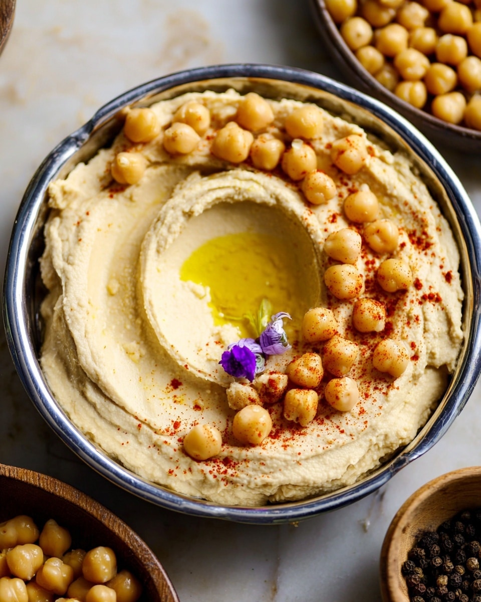 A close-up of a round metal bowl filled with creamy light beige hummus spread in a smooth thick layer. On top, there are whole chickpeas sprinkled with reddish paprika arranged mostly on one side, creating a semi-circle. In the center of the hummus, a small well holds golden olive oil, creating a glossy pool surrounded by hummus ridges. A small purple flower is placed near the chickpeas for decoration. The bowl sits on a white marbled surface with a blurred background including another bowl of chickpeas and a wooden container with black peppercorns. Photo taken with an iphone --ar 4:5 --v 7