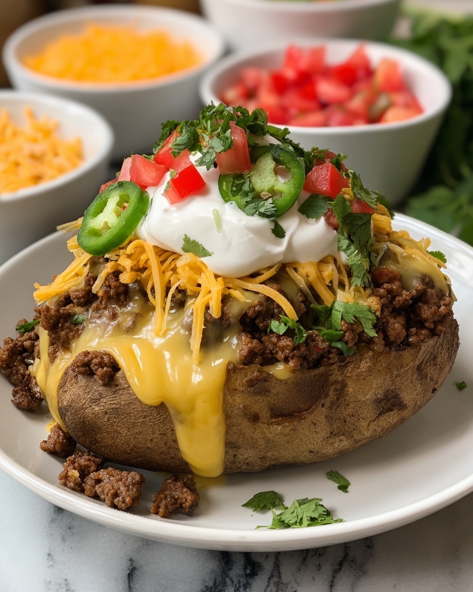 A white plate holds a baked potato cut open with melted yellow cheese sauce flowing over its brown skin and soft inside. On top of the cheese sauce lies a thick layer of cooked ground beef, brown and slightly crumbly. Over the meat, there is a mix of shredded cheddar and white cheese, adding bright orange and pale colors with soft, thin strands. Chopped red tomatoes and sliced green jalapeños are scattered next, adding fresh, colorful pieces. At the top, a big dollop of white sour cream sits, sprinkled with chopped dark green cilantro leaves. Small white bowls behind the plate show chopped tomatoes, cheddar cheese, and sliced jalapeños. The background surface is a white marbled texture. photo taken with an iphone --ar 4:5 --v 7