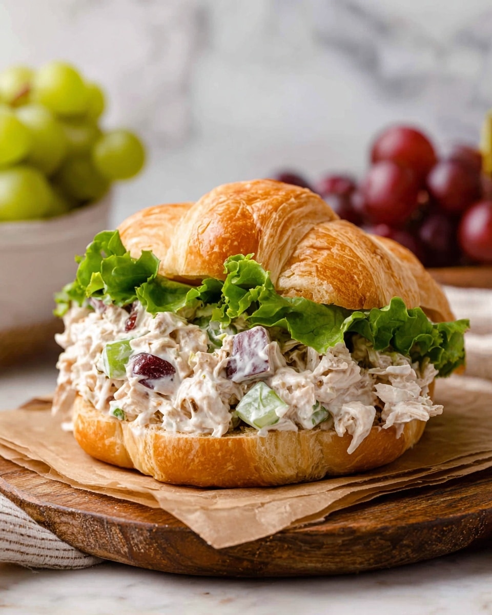 A chicken salad sandwich is shown on a white croissant bun, with one fresh green lettuce leaf at the bottom layer. On top of the lettuce, there is a thick layer of creamy chicken salad mixed with visible red grape pieces and small green celery bits. The croissant top is golden brown and flaky, resting slightly on the chicken salad filling. The sandwich sits on a wooden board with a piece of white parchment paper underneath, and the background features a white marbled texture with blurred bowls of grapes and green grapes. Photo taken with an iphone --ar 4:5 --v 7