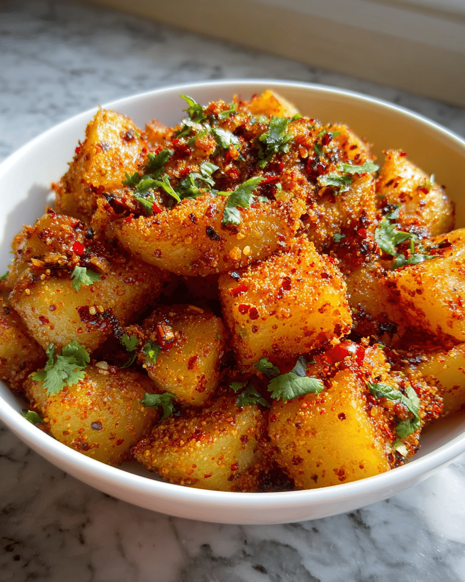 A white bowl filled with golden brown potato chunks coated in a coarse, reddish spice mix with visible red chili flakes and small green cilantro leaves scattered on top. The potatoes look crispy and slightly oily, with bits of garlic or onion mixed in, giving a textured and flavorful appearance. The dish is set on a white marbled surface with natural light coming from a nearby window, highlighting the colors and textures. photo taken with an iphone --ar 4:5 --v 7