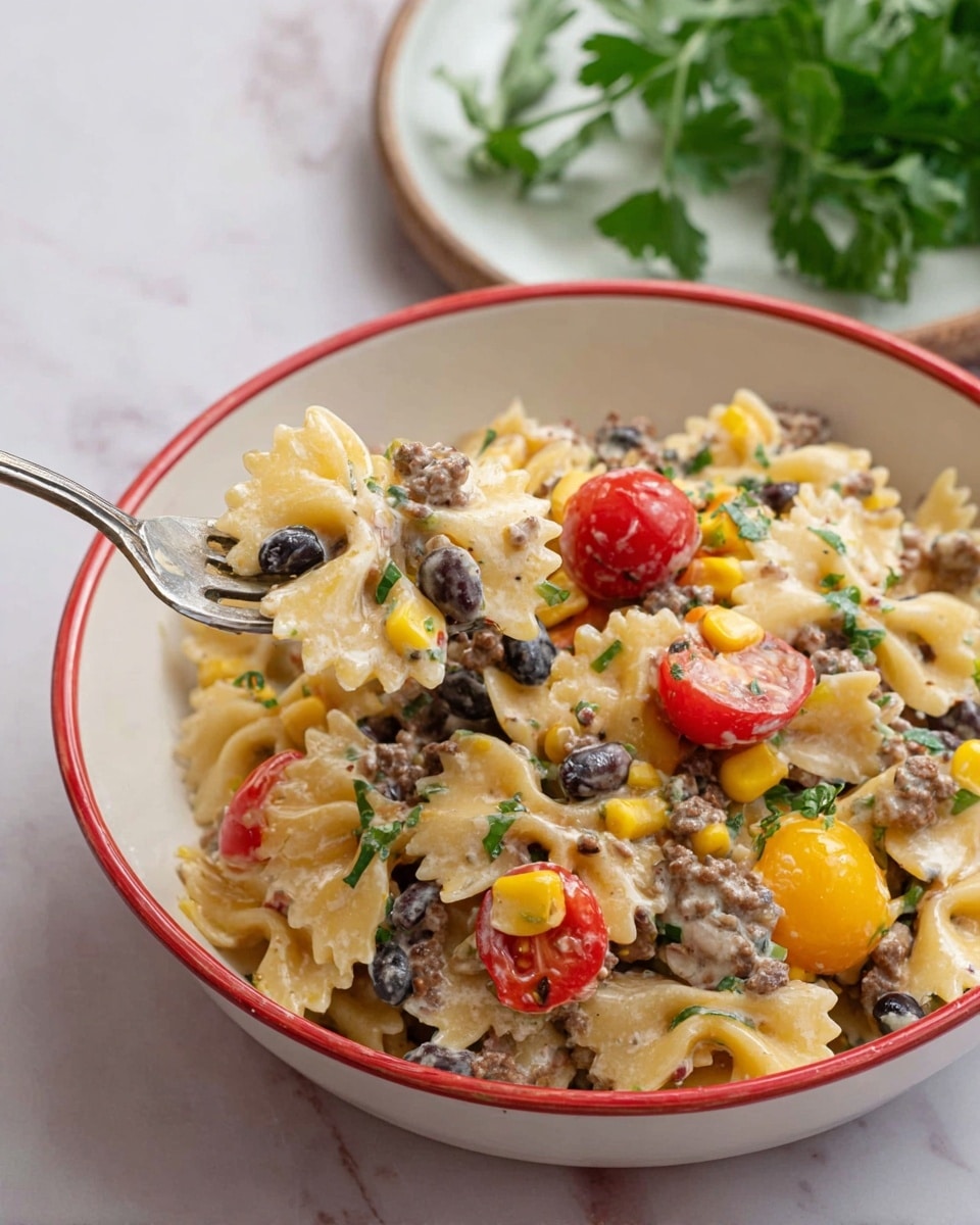 A white bowl with a red rim filled with a mixed pasta salad, showing farfalle pasta coated in a creamy sauce, mixed with black beans, yellow corn kernels, and small pieces of cooked ground meat. There are vibrant red and yellow cherry tomato halves, together with flecks of green herbs scattered throughout. A silver fork lifts a portion of the mixture, emphasizing the texture of the creamy sauce and chunky ingredients. The bowl is placed on a white marbled surface, with fresh green herbs visible on a white plate nearby. photo taken with an iphone --ar 4:5 --v 7