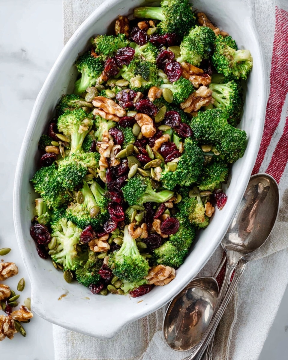 A white oval dish filled with a colorful broccoli salad, showing three main layers: the bottom layer is fresh, bright green broccoli florets, the middle layer has scattered dark red dried cranberries and light brown walnut pieces, and the top layer is sprinkled with small green pumpkin seeds. On the right side of the dish, two silver serving spoons rest on a folded white cloth with red stripes. The dish sits on a white marbled surface with a few salad bits around it. Photo taken with an iphone --ar 4:5 --v 7