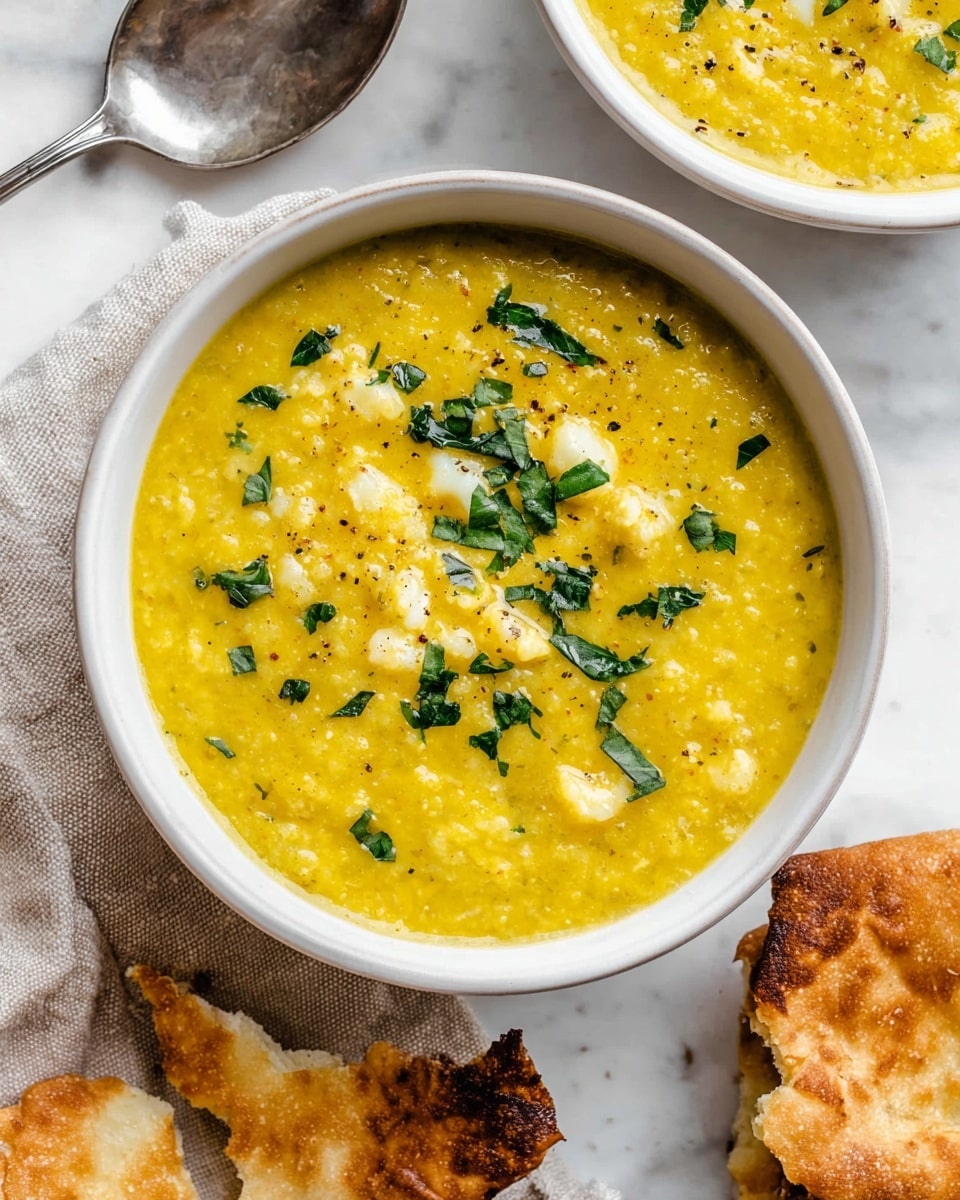 A close-up of a white bowl filled with thick, creamy yellow soup mixed with small, soft white chunks and scattered dark specks, garnished with bright green chopped herbs on top. The soup has a slightly textured, smooth surface with herbs spread unevenly across it. Next to the bowl are torn pieces of golden brown, crispy flatbread with a flaky texture placed partially on a beige cloth. A large silver spoon lies beside the bowl on a white marbled surface. Another white bowl of the same soup is partially visible in the top right corner photo taken with an iphone --ar 4:5 --v 7