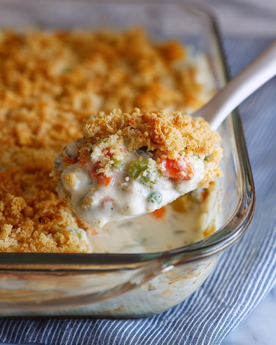 A close-up view of a creamy baked casserole served in a clear glass dish set on a white marbled textured surface with a blue-striped cloth nearby. The casserole has three visible layers: the base layer is smooth and creamy white, likely a sauce or melted cheese; the middle layer shows hints of small pieces of mixed vegetables in green, orange, and red colors; the top layer is covered with a golden-brown crumbly crust that looks crispy and crunchy. A white plastic spoon holds a scoop of the casserole, showing the layered textures clearly. Photo taken with an iphone --ar 4:5 --v 7