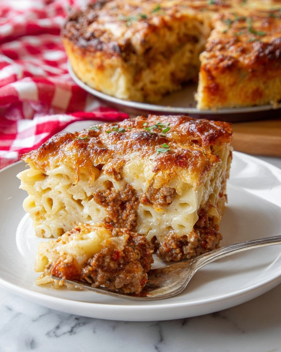 The image shows a close-up of a slice of baked pasta casserole on a white plate with a silver fork holding a bite in the foreground. The casserole has multiple layers: the bottom layer is pale, creamy pasta pieces, the middle layer is rich brown ground meat sauce with bits of tomato and herbs, and the top is a golden-brown melted cheese crust with a slightly crispy texture. In the background, the rest of the casserole is visible in a round baking dish with a missing slice, all set on a white marbled surface with a red checkered cloth nearby. Photo taken with an iphone --ar 4:5 --v 7