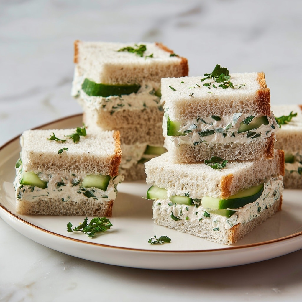 The image shows several small sandwich squares arranged on a white plate with a thin brown rim, placed on a white marbled surface. Each sandwich has three visible layers: the top and bottom layers are light beige slices of soft bread with a fine texture, and in between is a creamy white layer mixed with finely chopped green herbs and a few thin slices of dark green cucumber. The sandwiches are stacked and slightly tilted, revealing the fresh and clean layers inside. Small pieces of green herbs are scattered on the plate around the sandwiches. Photo taken with an iphone --ar 4:5 --v 7