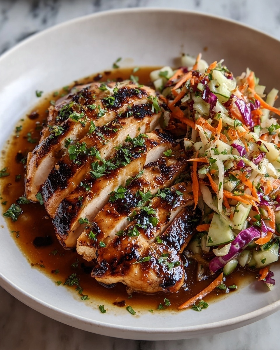 The dish shows several thick slices of grilled chicken breast, placed slightly overlapping each other in the center of a white bowl. The chicken is golden brown with dark char marks and is covered in a glossy, rich brown sauce. To the right side of the chicken is a colorful fresh slaw made with shredded orange carrots, green cucumber, purple cabbage, and bits of white and green vegetables mixed with chopped herbs. The whole dish is sprinkled lightly with fresh chopped parsley, and the glossy sauce pools a little at the bottom, making the dish look shiny and juicy. The bowl is set on a white marbled textured surface. photo taken with an iphone --ar 4:5 --v 7