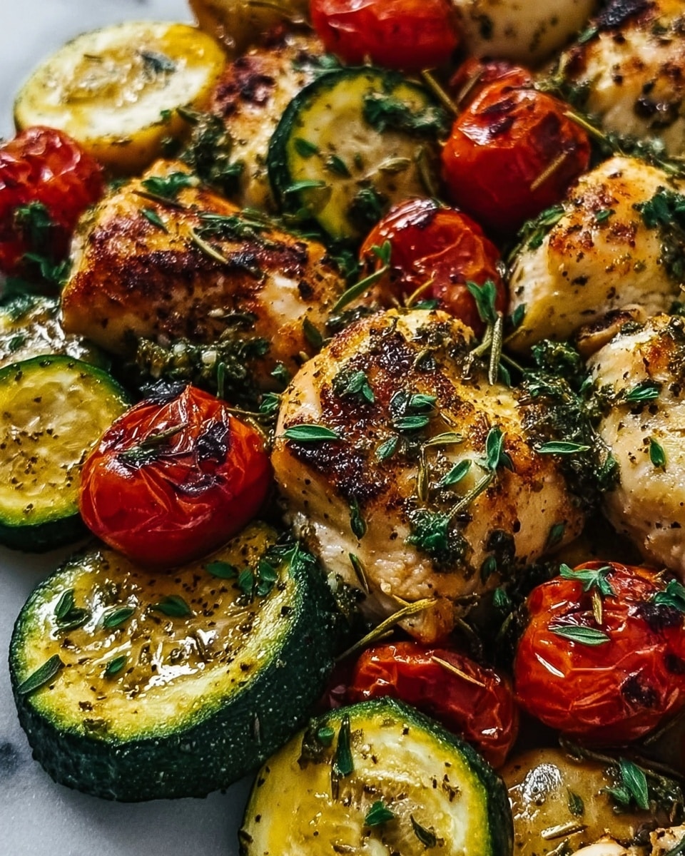The image shows a close-up of a cooked dish with several pieces of browned chicken that have a crispy, golden skin, scattered among thick, round slices of light green zucchini and bright red roasted cherry tomatoes. There are also small chunks of yellow bell pepper visible in the mix. The dish is sprinkled with small pieces of chopped green herbs, adding a fresh touch. All ingredients appear to be sitting against a white marbled texture that reflects light softly, making the colors and textures of the food stand out clearly. photo taken with an iphone --ar 4:5 --v 7