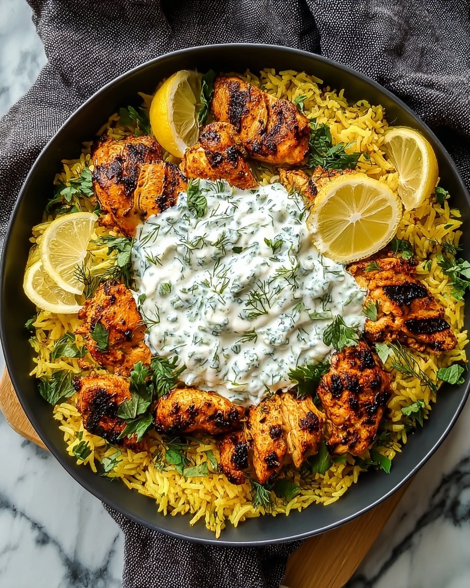 A round dark bowl filled with three main layers: the bottom layer is yellow rice with a slightly fluffy texture, spread evenly across the bowl; on top, there are several pieces of grilled chicken with a golden-brown charred surface, arranged in a circular pattern around the middle; the center layer is a dollop of thick, white sauce with green herb bits mixed in, spreading gently over the rice; lime and lemon slices are placed on the rice near the chicken pieces, adding light green and pale yellow accents; fresh green herb leaves are sprinkled throughout the dish. The bowl sits on a white marbled surface with a dark grey cloth underneath. Photo taken with an iphone --ar 4:5 --v 7