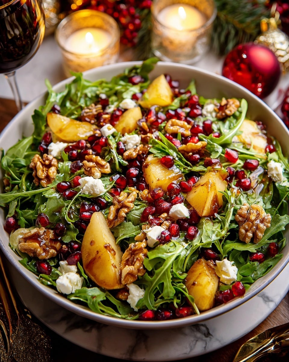 A close-up of a large white bowl filled with a fresh salad featuring a base layer of dark and light green arugula leaves. Scattered on top are bright red pomegranate seeds, chunks of light yellow apple slices, and small pieces of white cheese. There are rough, brown walnut halves spread across the salad, adding texture. A glossy dressing lightly coats some parts, giving the ingredients a shiny look. The bowl sits on a white marbled surface, with a festive background blurred out, including warm candlelight and holiday decorations. Photo taken with an iphone --ar 4:5 --v 7