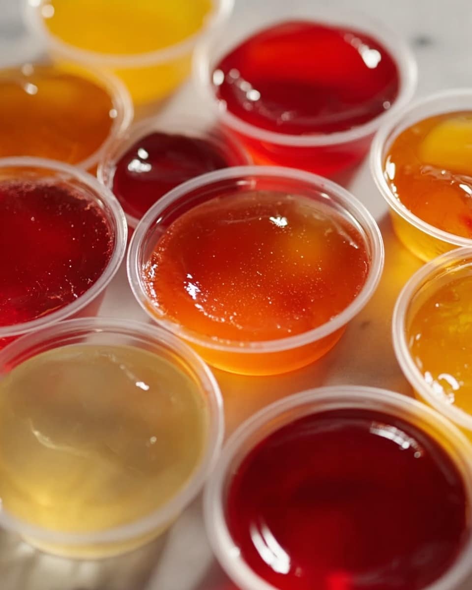 The image shows several small, clear plastic cups filled with different colors of jelly, placed closely together. The jellies have a smooth, shiny texture with slight waviness on the surface. The colors include deep red, bright orange, light amber, and translucent pale yellow. Each cup is filled nearly to the top, and the light reflects softly off the jelly, giving them a glossy look. The cups sit on a white marbled textured surface with natural shadows between them. Photo taken with an iphone --ar 4:5 --v 7