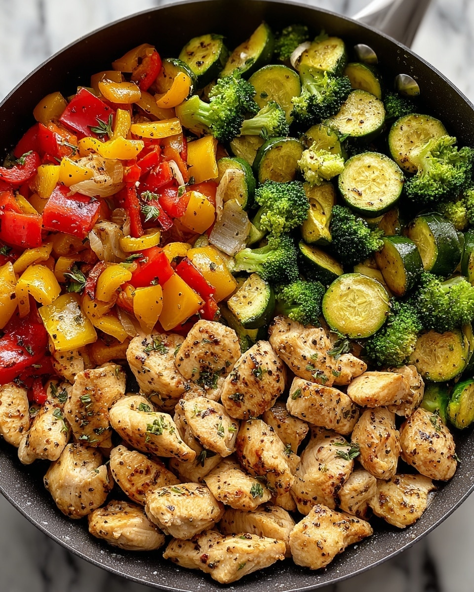 A large black pan filled with a colorful stir-fry showing three main layers: the first layer is small, browned chicken pieces with clear black pepper spots; mixed throughout are vibrant vegetable pieces including green broccoli florets, bright red and yellow bell pepper chunks, and green zucchini slices with a slightly glossy texture indicating light cooking; small pieces of onion can also be seen scattered evenly. The colors are rich and fresh, and the pan sits on a white marbled surface. photo taken with an iphone --ar 4:5 --v 7