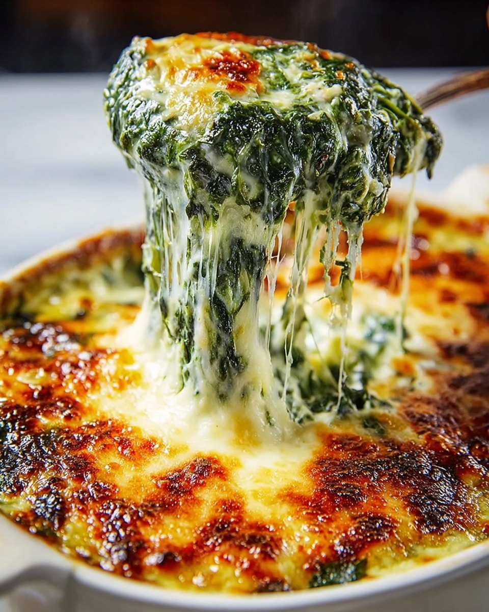 A white dish filled with a baked spinach and cheese casserole showing two distinct layers: a top layer of golden-brown melted cheese with crispy, charred spots, and underneath a thick, creamy green spinach mixture. A woman's hand is lifting a portion of the dish with the cheese pulling away in long, gooey strands from the spinach base, highlighting the creamy texture and rich colors of dark green spinach and shiny melted cheese. The dish is set on a white marbled surface. photo taken with an iphone --ar 4:5 --v 7