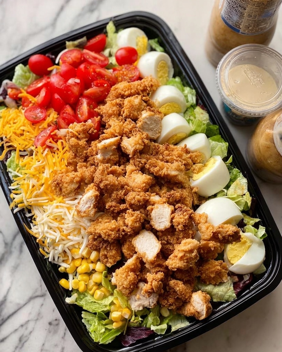 A black rectangular tray holds a fresh salad with several layers. The bottom layer is green lettuce leaves covering the entire base. On top, there are sliced boiled eggs, red cherry tomato halves, shredded yellow cheese, and white shredded cheese evenly spread, along with small pieces of yellow corn. The top layer features many crispy, golden-brown fried chicken strips scattered over the salad. The tray is placed on a white marbled surface with a small container of dressing and a bottle of salad dressing in the background. Photo taken with an iphone --ar 4:5 --v 7