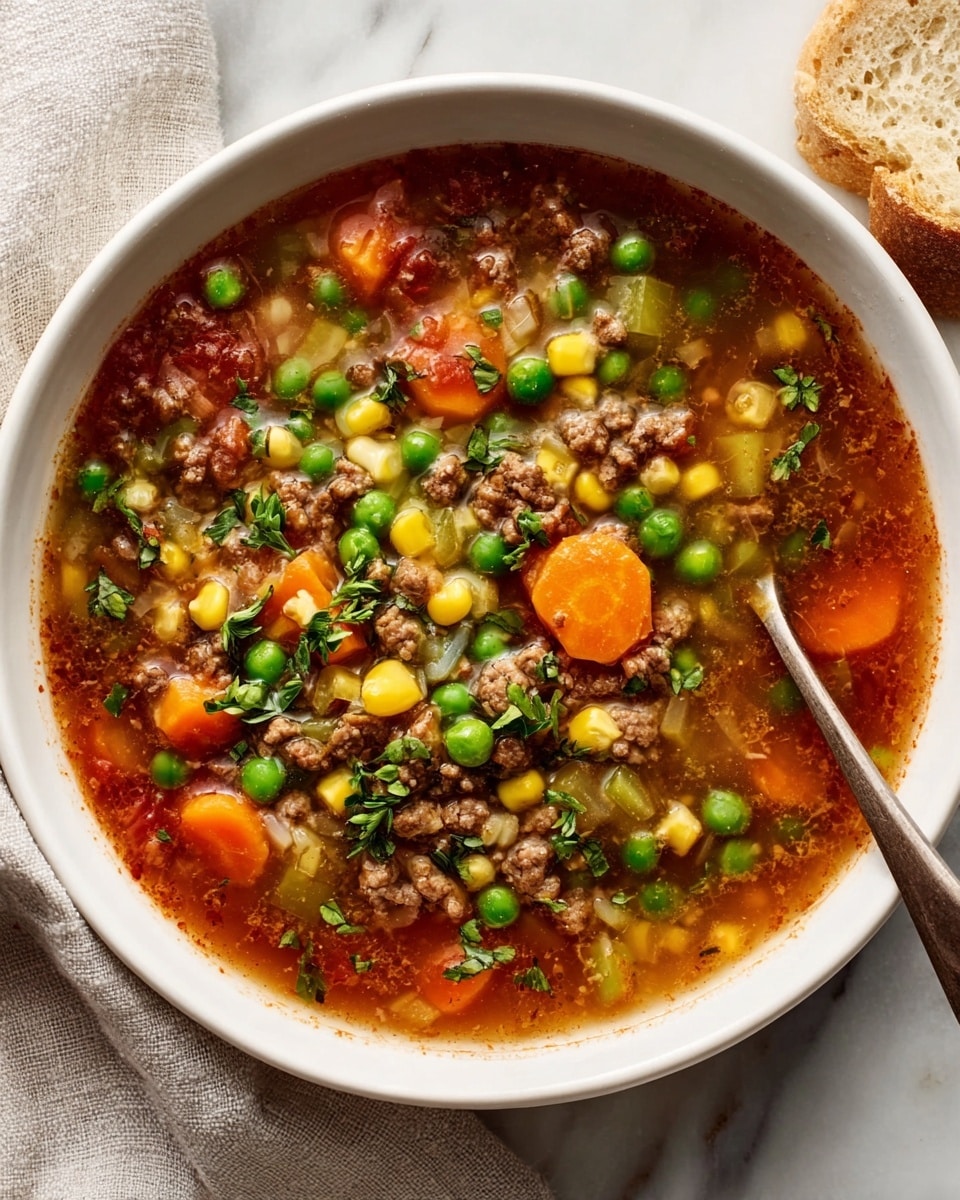 The image shows a white bowl filled with a colorful soup placed on a white marbled surface, partially covered by a light-colored cloth. The soup has four visible layers: a thin layer of tomato-based broth with a reddish color at the bottom, followed by a mix of small pieces of cooked ground meat and bright yellow corn kernels. Above that are soft green peas and orange carrot slices evenly spread. The top layer has fresh chopped green herbs sprinkled all over, adding a fresh touch. A slice of bread is partially visible near the bowl. Photo taken with an iphone --ar 4:5 --v 7