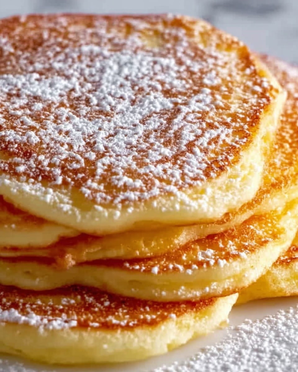 A close-up image shows a stack of several golden-brown pancakes with slightly crispy edges and soft, fluffy textures inside. Each pancake has a light dusting of powdered sugar evenly spread across the top, creating a soft white contrast against the warm tones of the pancakes. The pancakes are layered one on top of the other, highlighting the thickness and airy nature of each piece. The background displays a white marbled surface that adds a clean and fresh look to the scene. photo taken with an iphone --ar 4:5 --v 7