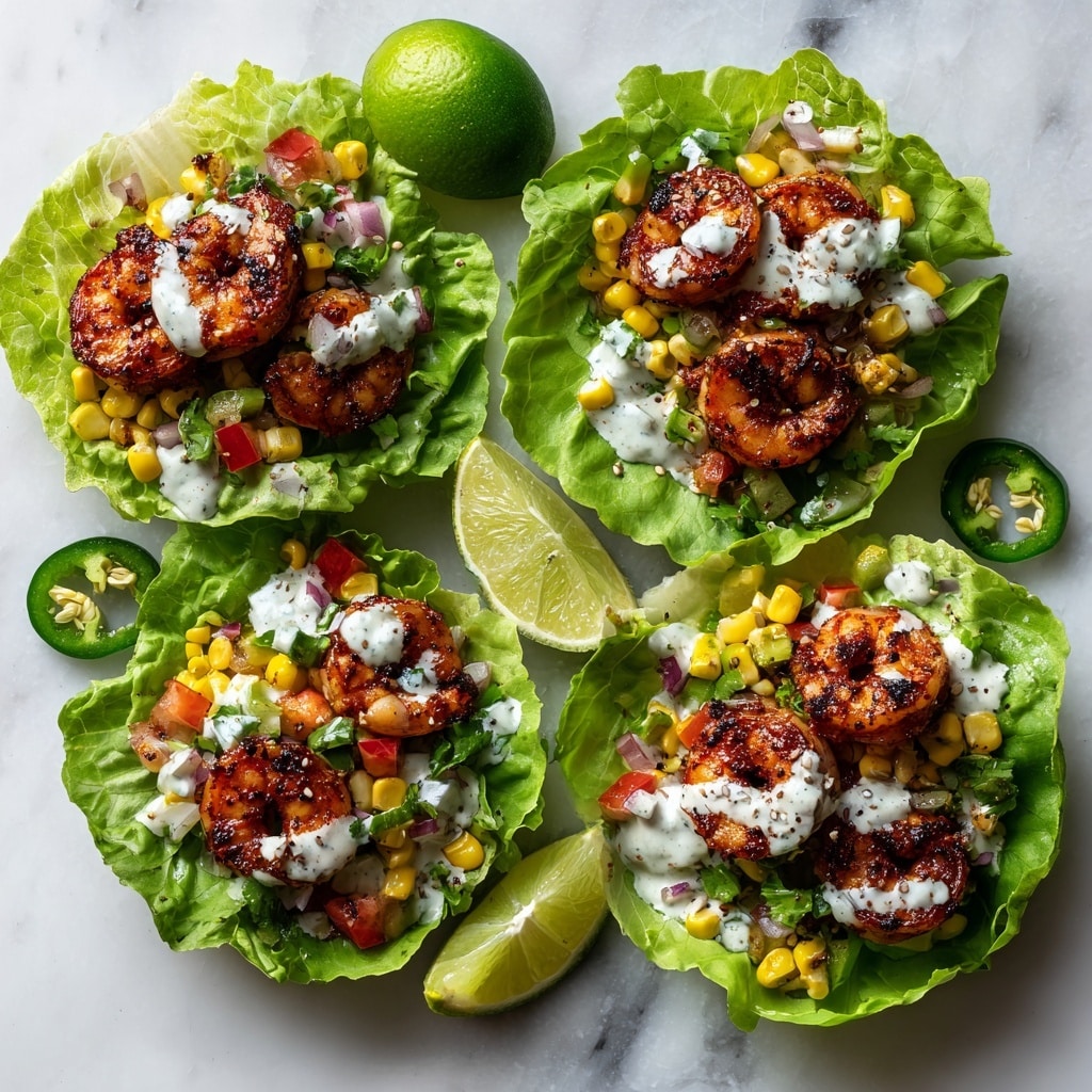 The image shows several lettuce wraps arranged flat on a white marbled surface. Each wrap is made of a large bright green lettuce leaf forming the base layer. On top, there is a mix of colorful ingredients including yellow corn kernels, red cherry tomato halves, small pieces of red onion, and slices of green jalapeño peppers. Large pieces of grilled shrimp, browned with char marks, are placed evenly on the lettuce and vegetable mix. The wraps are drizzled with a white creamy sauce and sprinkled with sesame seeds and seasoning. A whole lime is placed in the background near the wraps. photo taken with an iphone --ar 4:5 --v 7