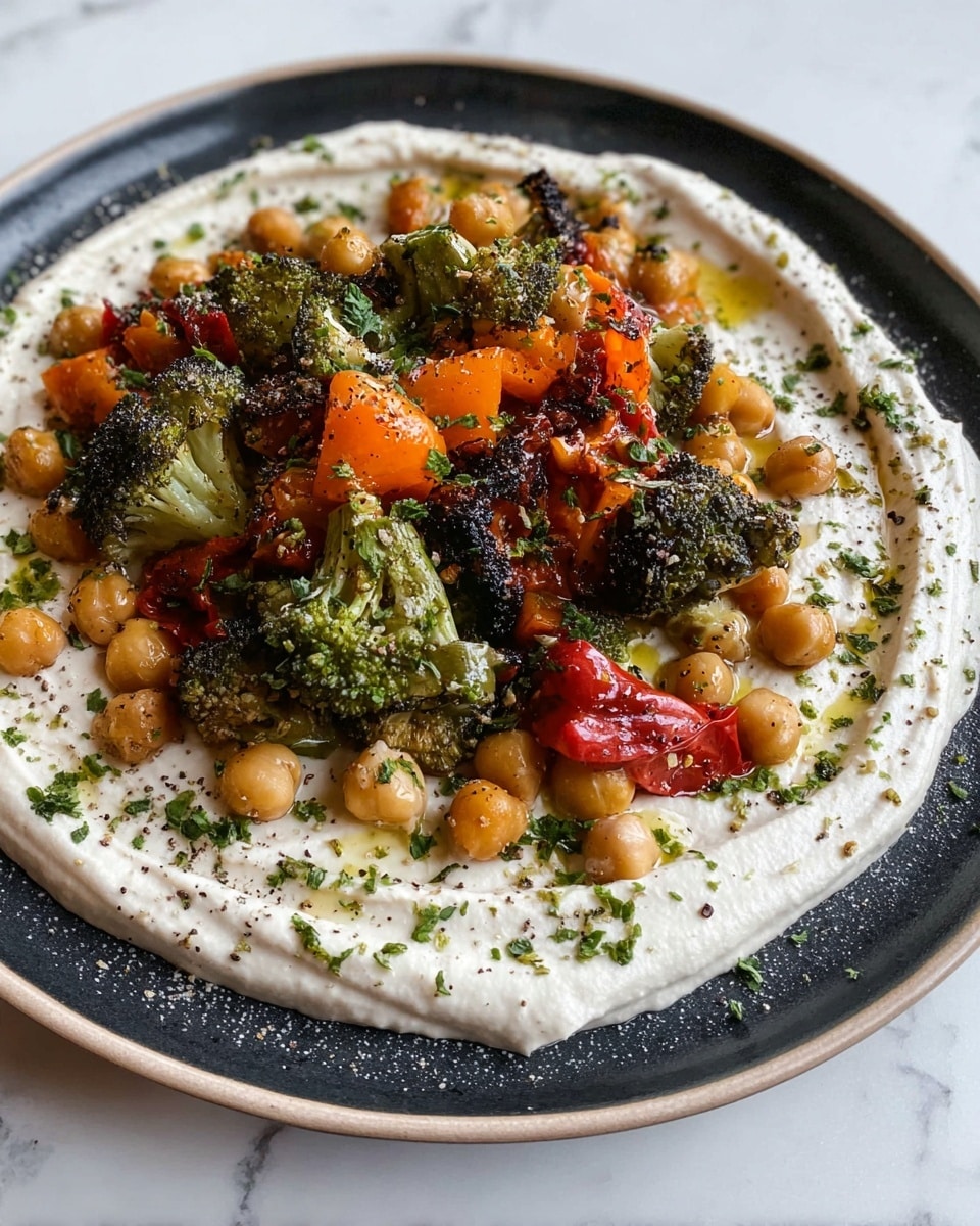 The dish has three main layers on a white plate: the bottom layer is a smooth, creamy white spread with a soft texture, spread wide covering the plate; on top of this, there is a colorful mix of roasted vegetables including dark green and charred broccoli florets, bright orange carrot slices, and vibrant red bell pepper pieces, scattered unevenly with a few golden chickpeas spaced around; finely chopped green herbs are sprinkled over everything, adding small bright green dots throughout the plate, making the colors pop. Photo taken with an iphone --ar 4:5 --v 7