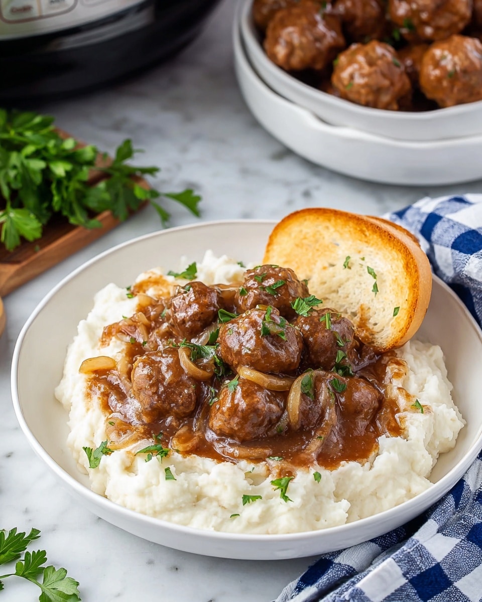 The dish shows a white plate filled with a thick layer of creamy white mashed potatoes forming the base. On top, there is a generous layer of brown meatballs covered in a rich brown gravy with sautéed translucent onion slices scattered throughout. Small pieces of green herbs are sprinkled over the meatballs, adding a touch of color. Behind the meatballs, two slices of toasted light brown bread rest upright on the plate. A silver fork held by a woman's hand is piercing one meatball near the center. The background features a white marbled texture. photo taken with an iphone --ar 4:5 --v 7