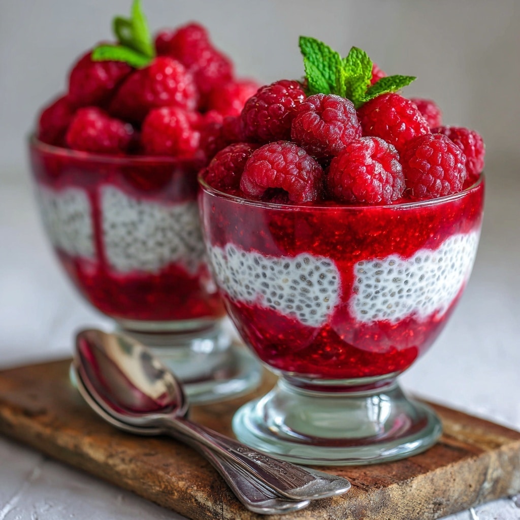 Two clear glass dessert cups are filled with a three-layered dish, placed on a white marbled surface. The bottom layer is a bright red raspberry puree, visible through the cup with an uneven texture. The middle layer is white chia pudding speckled with tiny black chia seeds, thick and creamy, filling most of the cup. The top layer consists of fresh, plump red raspberries arranged tightly in a mound, crowned with a small bright green mint sprig. A shiny silver spoon lies next to the cups. Photo taken with an iphone --ar 4:5 --v 7