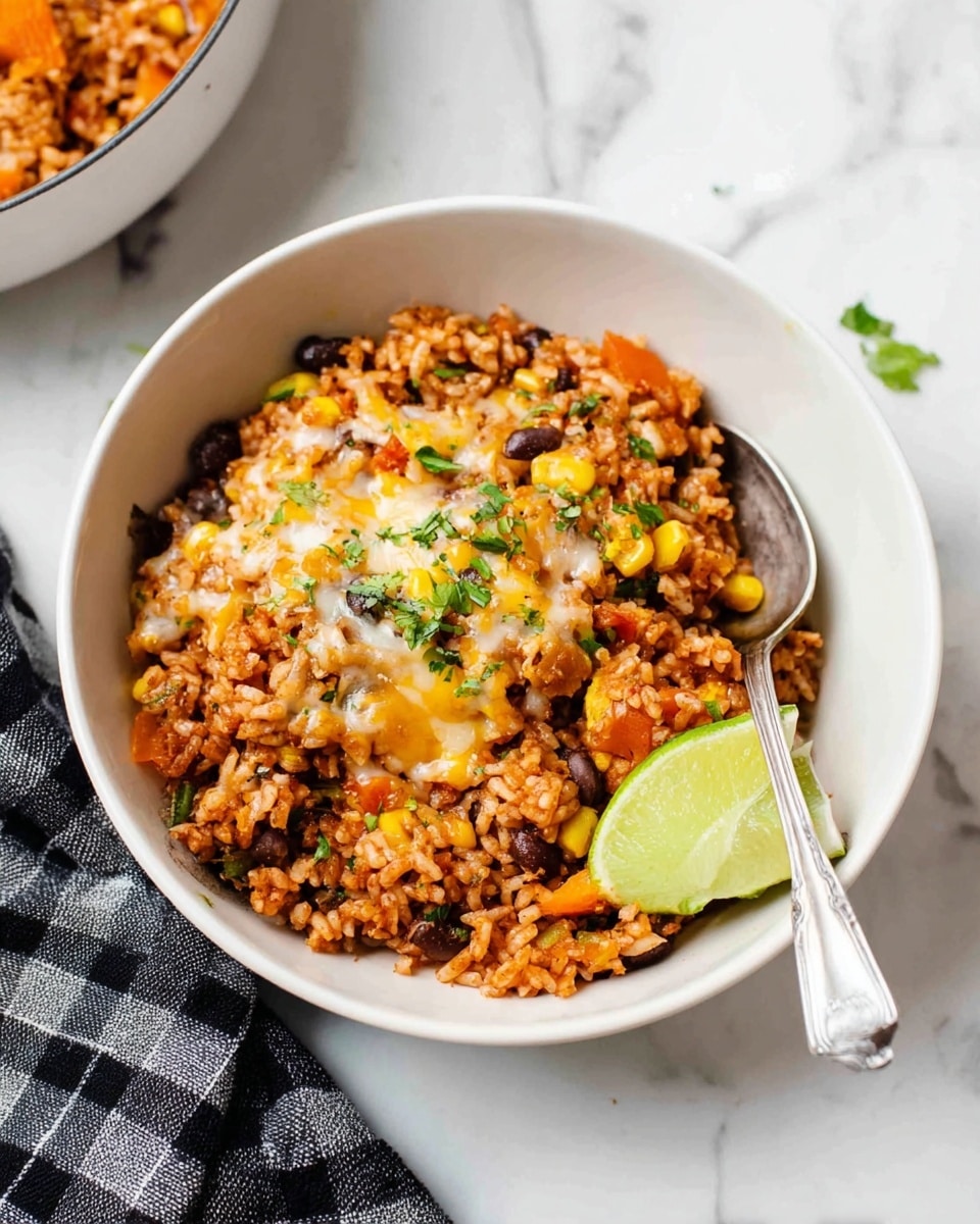A white bowl filled with a layered rice dish featuring a mix of small grains, black beans, yellow corn kernels, and orange bell pepper pieces, all coated in a reddish sauce. The top layer includes melted shredded cheese in white and yellow shades, sprinkled with green chopped herbs. A bright green lime wedge rests on the left side inside the bowl. A silver fork is partially inserted on the right side of the dish. The bowl sits on a white marbled surface with a corner of a white and black striped cloth visible on the bottom left and small green herbs scattered around. photo taken with an iphone --ar 4:5 --v 7