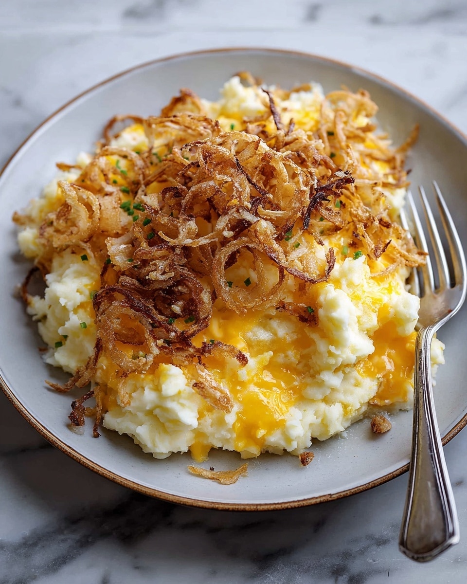 The dish shows a pile of creamy mashed potatoes mixed with melted yellow and white cheese, creating a soft, gooey texture as the bottom layer on a white plate. Spread over the mashed potatoes are thin, crispy fried onion rings, golden brown with some darker edges, adding a crunchy texture on top. The plate sits on a white marbled surface with a metal fork resting at the right edge of the plate. photo taken with an iphone --ar 4:5 --v 7