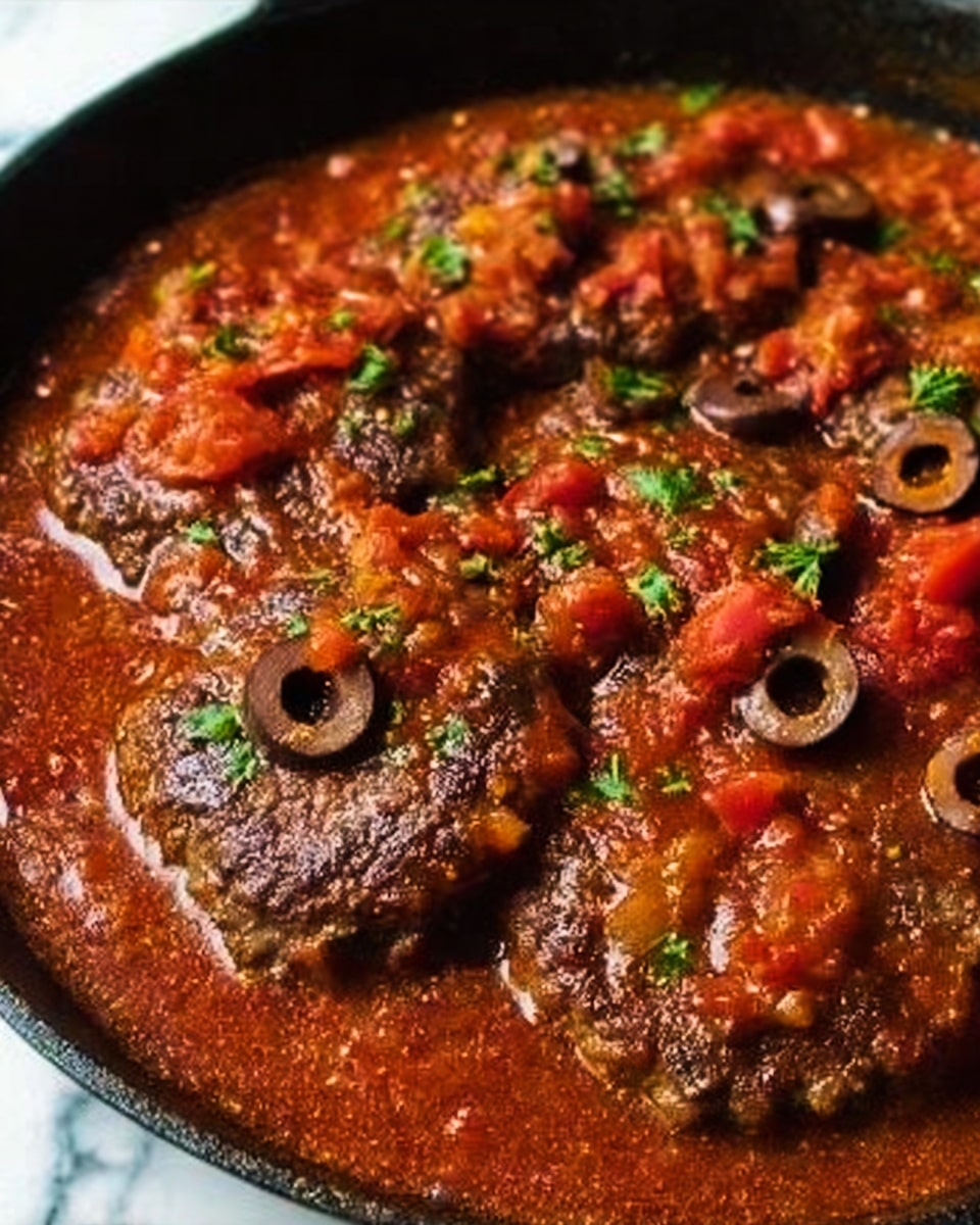 The image shows three thick, juicy meat patties covered in rich, dark brown sauce with a slightly glossy texture. The sauce is chunky, with visible pieces of red and green bell peppers scattered generously across the top and around the patties. The meat and sauce sit in a shallow white dish, and the colors are warm and inviting, with the red and green peppers adding bright contrast to the deep brown sauce and meat. The saucy texture glistens, making the dish look very flavorful and hearty. Photo taken with an iphone --ar 4:5 --v 7