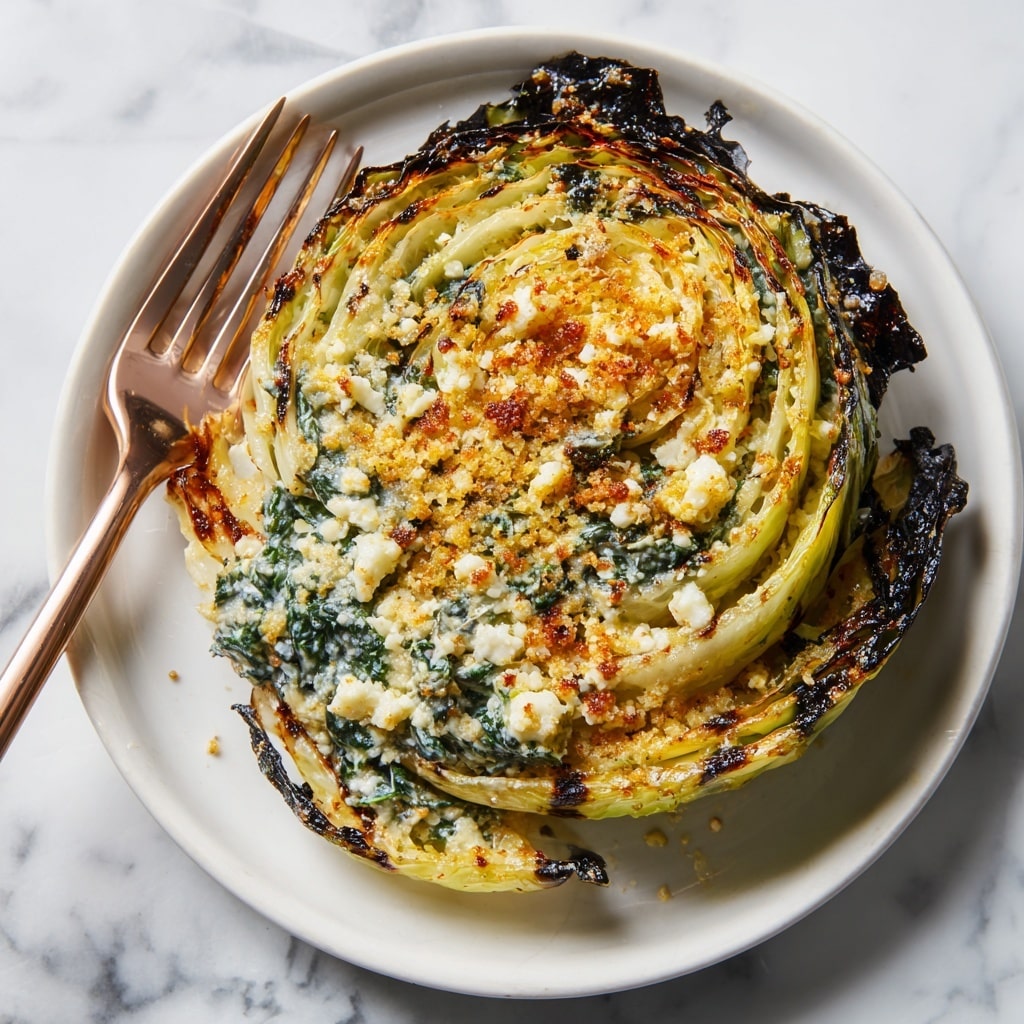 A thick round slice of grilled cabbage with slightly charred edges sits in the center of a white plate, topped with a creamy mixture of cooked spinach and melted golden cheddar cheese, creating a textured layer of green and yellow on top of the pale cabbage base. The cabbage layers show their natural rings and a crisp browned surface from grilling. A copper fork lies on the left side of the plate. The plate is set on a white marbled surface. Photo taken with an iphone --ar 4:5 --v 7
