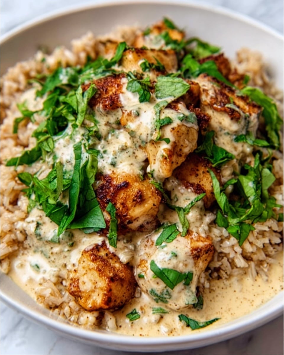 The image shows a close-up of a white bowl filled with light brown rice as the base layer. On top, there are pieces of golden brown cooked chicken scattered unevenly. Over the chicken and rice, there is a creamy light beige sauce drizzled, creating a smooth texture contrast. Small bright green chopped herbs are sprinkled generously on top, adding a fresh look. The bowl is placed on a white marbled surface. photo taken with an iphone --ar 4:5 --v 7
