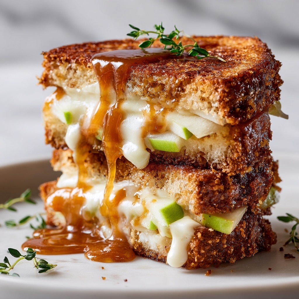 A close-up view of a grilled cheese sandwich cut in half and stacked, showing two thick, crunchy golden-brown bread slices with a crispy texture on the outside. Between the bread layers is a thick layer of melted white cheese stretching and oozing, with pieces of green apple slices peeking through. On top of the cheese and apples is a shiny, amber-brown caramelized sauce dripping down the sides. Small green herb sprigs are placed on the top sandwich piece and around the plate for garnish. The sandwich sits on a white plate with a white marbled surface in the background. photo taken with an iphone --ar 4:5 --v 7