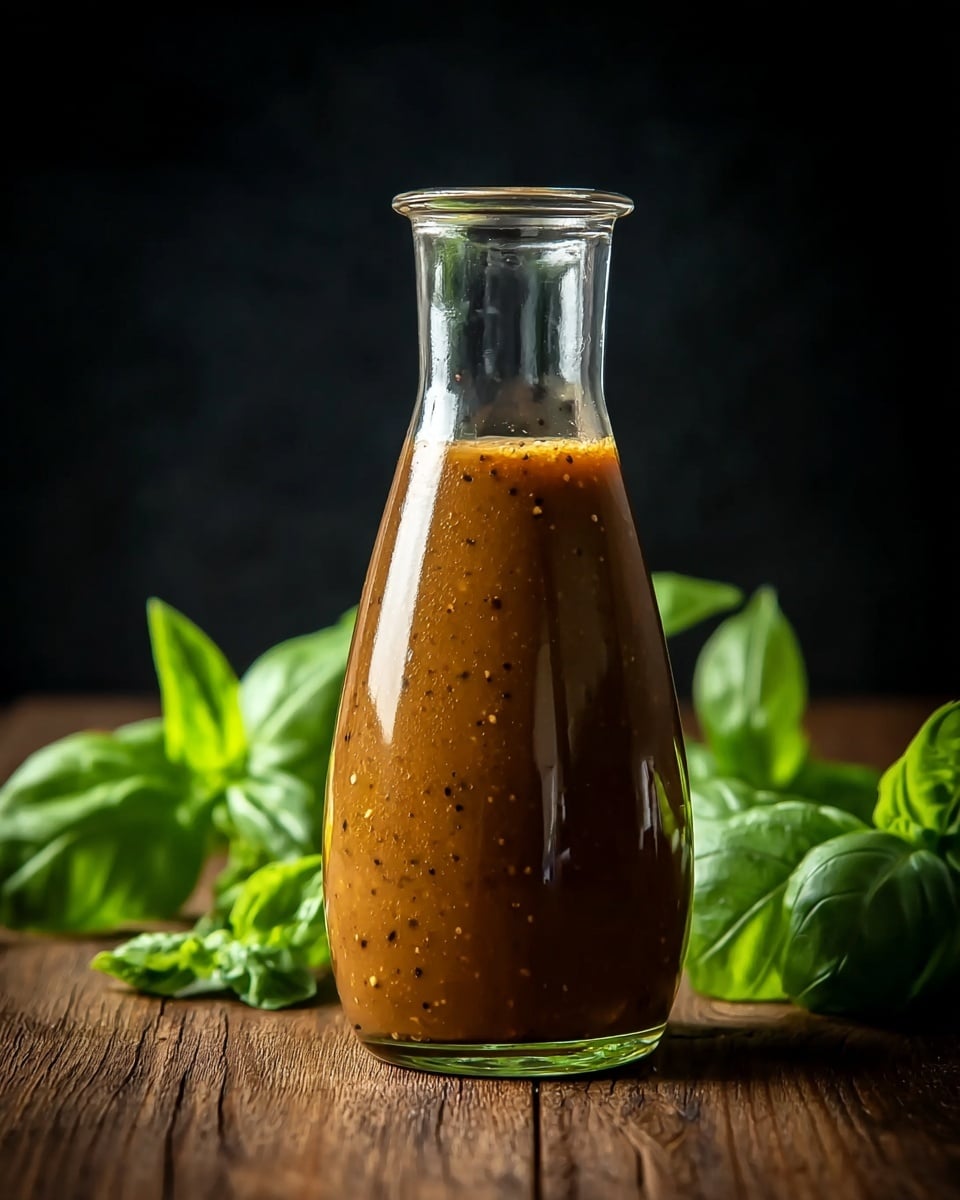 A clear glass bottle filled almost three-quarters full with a smooth, golden brown sauce that has visible small black pepper and herb specks inside, standing on a wooden surface with green fresh basil leaves placed around and slightly behind the bottle, with a dark black background creating strong contrast. photo taken with an iphone --ar 4:5 --v 7