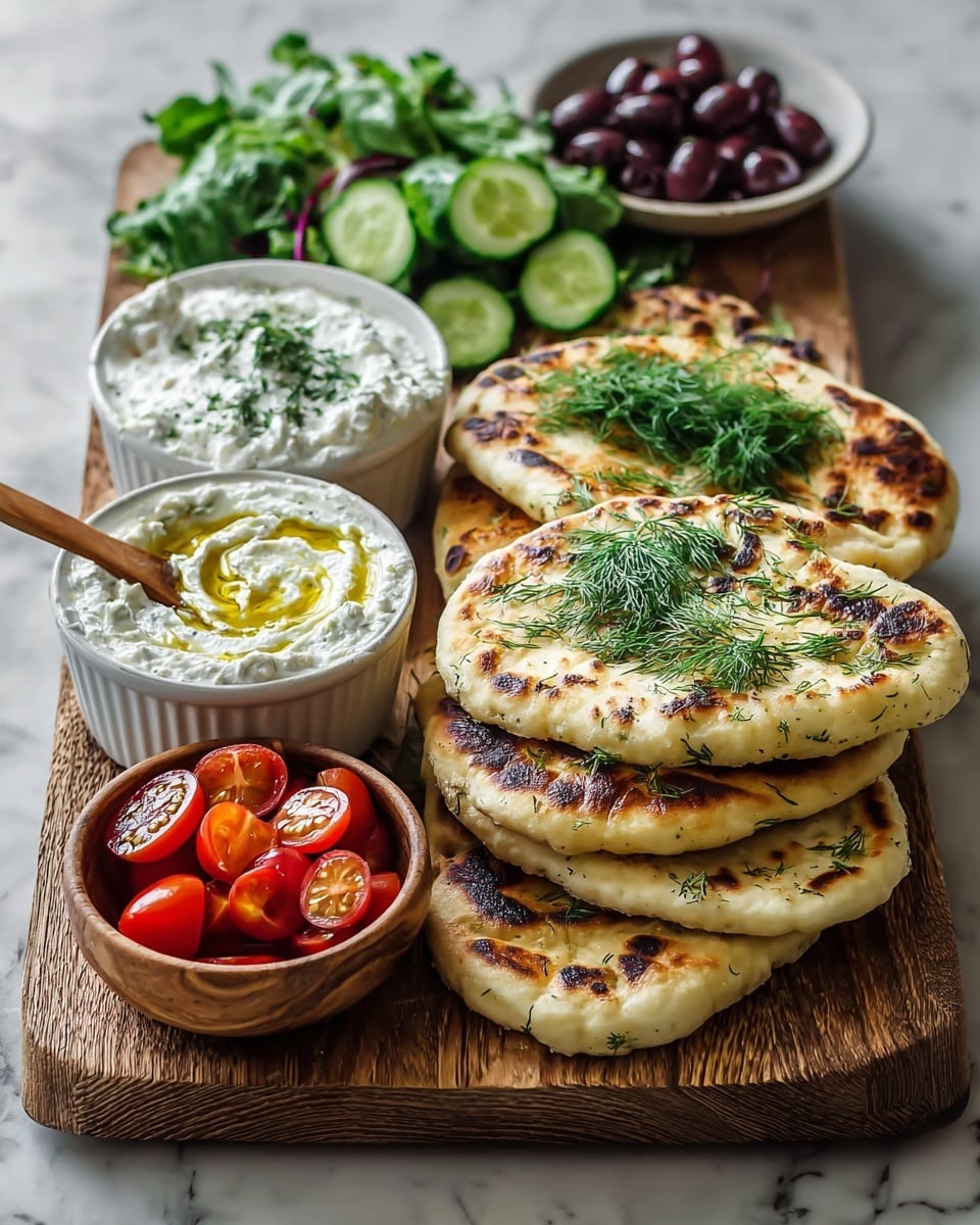A wooden serving board on a white marbled surface holds a colorful spread of food. On the right side, there is a stack of five grilled flatbreads, each showing browned, slightly blistered spots and sprinkled with green fresh dill on top. Behind the flatbreads is a pile of leafy greens and sliced cucumber, creating a fresh green layer. Moving to the left, two white bowls sit side by side; one is filled with a thick white creamy dip topped with chopped herbs and a wooden spoon sticking out, while the other contains a similar white dip swirled with golden olive oil and garnished with herbs. In front, a small round wooden bowl is filled with shiny halved red cherry tomatoes. In the background, there is a small pile of dark purple olives adding depth to the arrangement. photo taken with an iphone --ar 4:5 --v 7