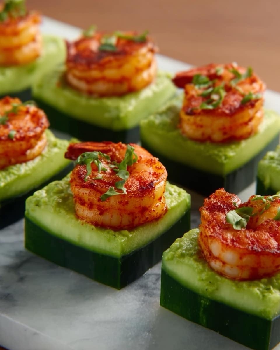 The image shows several pieces of a snack made with three layers: at the bottom, thick slices of dark green cucumber provide a fresh base. On top of the cucumber is a thick layer of smooth, bright green avocado spread, creamy in texture. The final layer on each piece is a single large shrimp cooked to a warm orange color with a slightly crispy texture. Small green herb leaves are sprinkled over the shrimp and avocado, adding a touch of color and freshness. These snacks are arranged closely on a white marbled surface. Photo taken with an iphone --ar 4:5 --v 7