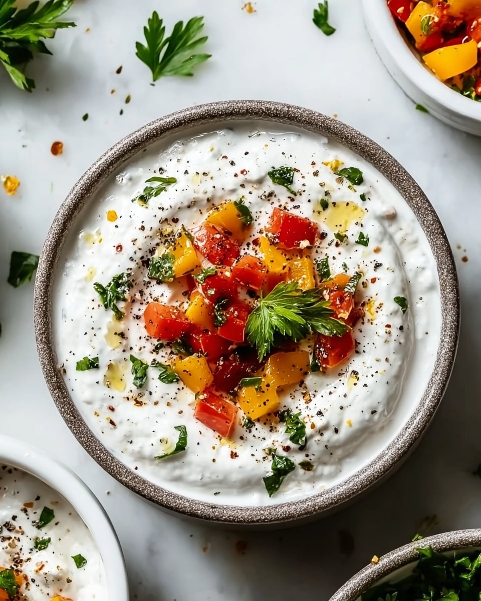 A black bowl filled with a creamy white yogurt sauce that has a smooth, swirled texture. On the surface of the yogurt, there is a small pile of yellow corn kernels mixed with small pieces of red tomatoes and some green herbs, likely cilantro, sprinkled all over. A single bright green cilantro leaf is placed in the center as garnish. Around the bowl, on a white marbled surface, there are scattered fresh cilantro leaves, a halved lime showing its juicy yellow-green inside, a small black bowl of coarse salt and pepper, and some whole black peppercorns. Photo taken with an iphone --ar 4:5 --v 7