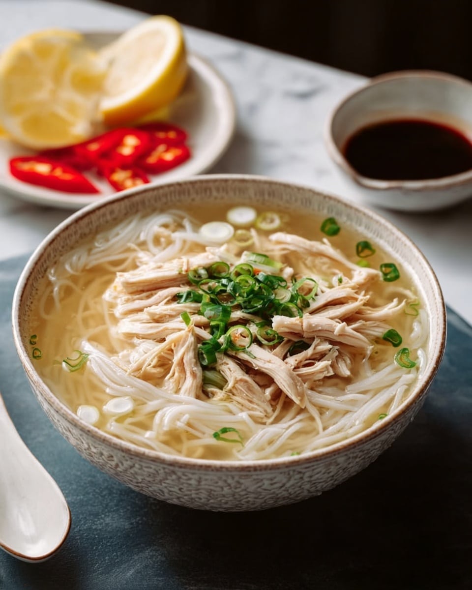 A bowl of clear soup filled with white thin noodles layered at the bottom, topped with shredded light brown chicken pieces and sprinkled with small chopped green onions. The soup broth is light brown and clear, gently covering all the ingredients. A pair of black chopsticks held by a woman's hand lifts a piece of shredded chicken from the bowl. The bowl is white with a subtle textured pattern, sitting on a white marbled surface. In the blurred background, a white plate holds a slice of yellow lemon. Photo taken with an iphone --ar 4:5 --v 7