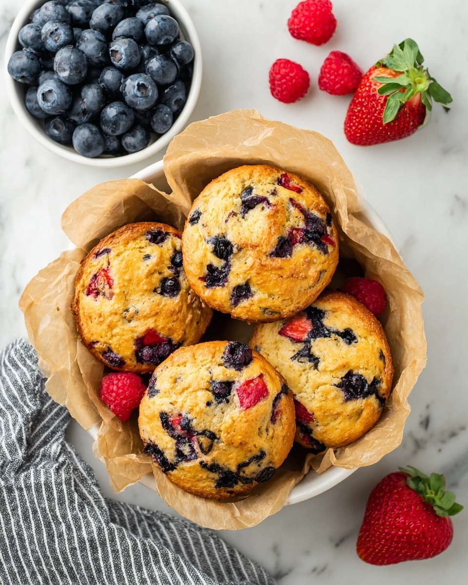 A white bowl lined with crinkled light brown parchment paper holds five golden-brown muffins with visible blueberries and chunks of strawberry embedded throughout, creating a mix of dark blue and red spots on the warm yellow surface. Inside the bowl, at the back center, a small white bowl packed with plump, dark blue blueberries adds contrast. Around the muffins and small bowl are a few bright red raspberries and two large fresh strawberries with green leaves on the right side. The setup is placed on a white marbled surface with a gray and white striped cloth partially visible at the bottom left. photo taken with an iphone --ar 4:5 --v 7