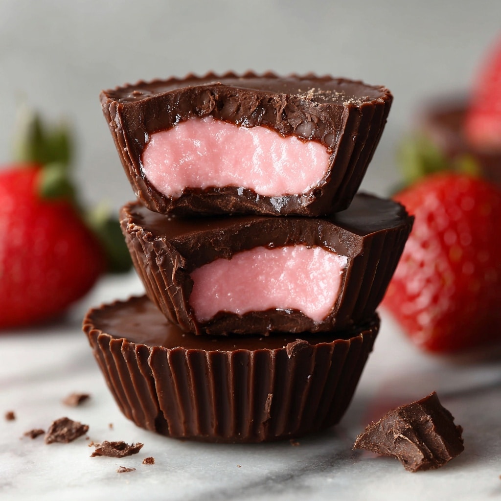 The image shows three dark brown chocolate cups stacked on a white marbled surface. Two of the cups are whole, while the top cup is cut in half, revealing a smooth, shiny pink filling with a soft texture inside. The chocolate shell is thick with slightly rough edges where it was bitten, and small chocolate crumbs are scattered around. In the background, there are blurred bright red strawberries with green tops, adding a fresh contrast to the rich dark chocolates. The scene is lit softly, highlighting the glossy finish of the chocolate and filling. photo taken with an iphone --ar 4:5 --v 7