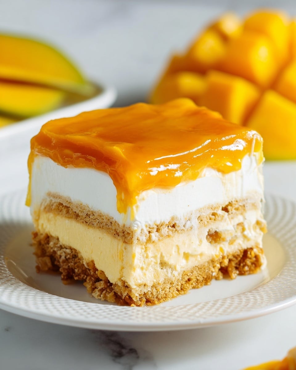 A square slice of layered dessert sits on a white plate with a textured edge, placed on a white marbled surface. The dessert has four layers: the bottom layer is a crumbly brown crust, above it is a thick light beige creamy layer with small fruit pieces, the third layer is a smooth white cream, and the top layer is a shiny, bright orange mango glaze evenly spread and slightly dripping over the sides. The background shows blurred yellow mango pieces and green leaves. Photo taken with an iphone --ar 4:5 --v 7