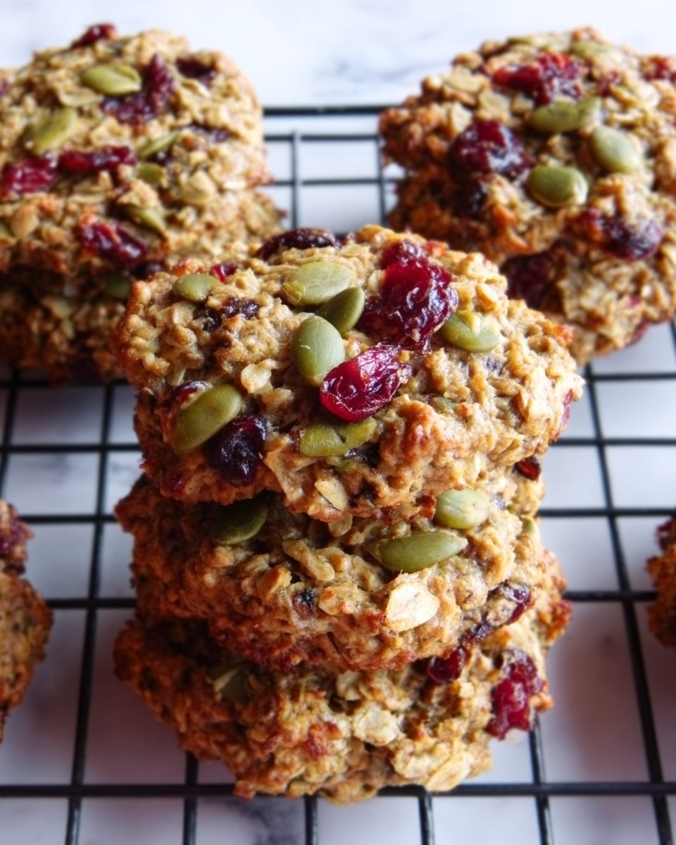 The image shows thick cookies resting on a black cooling rack placed on a white marbled surface. Each cookie is packed with layers of ingredients visible on the top, including rough oats in a beige and light brown base, bright green pumpkin seeds scattered across, and deep red dried cranberries offering a shiny texture. The cookies have a bumpy, uneven surface with a dense, hearty look, and the mix of colors and textures makes them appear fresh and nutritious. Photo taken with an iphone --ar 4:5 --v 7