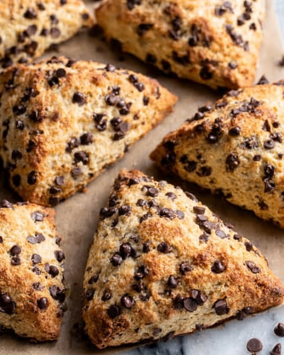 Close-up of several large, triangular scones on parchment paper over a tray, each scone light golden brown with a slightly crumbly texture. The scone dough is dotted with numerous dark brown chocolate chips throughout. Loose granulated sugar crystals are sprinkled on top, adding a slight sparkle. Drizzles of glossy dark chocolate syrup cover the scones in irregular lines, creating a rich contrast against the pale dough. The tray has some smudges of chocolate syrup and crumbs around the scones, set against a white marbled texture. photo taken with an iphone --ar 4:5 --v 7
