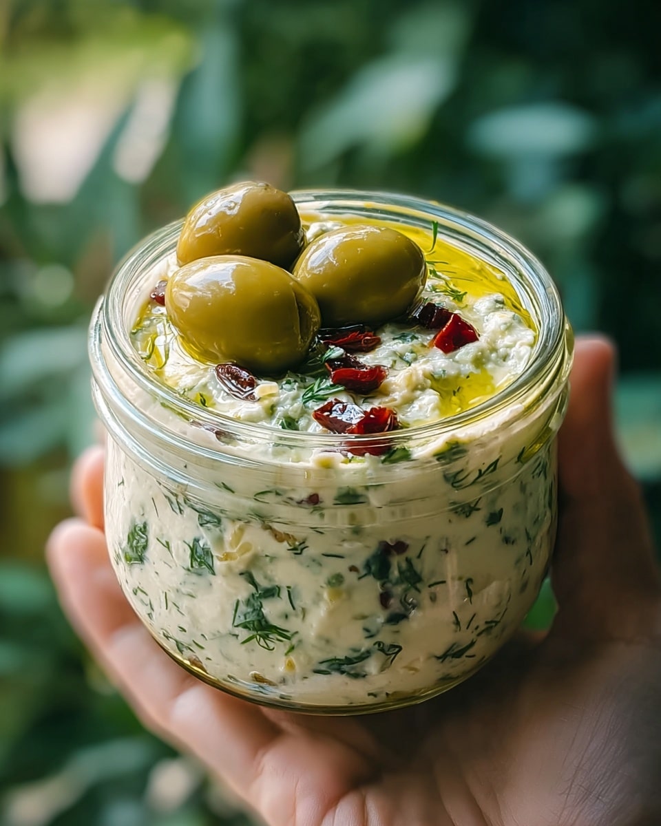 A clear glass jar filled with a creamy white spread mixed with flecks of dark green herbs throughout, topped with a drizzle of golden olive oil. On the very top center sits a shiny green olive and a single green leaf, surrounded by small bright red pieces embedded in the creamy layer. The jar is held by a woman's hand and the background is softly blurred with shades of green and yellow, placed on a white marbled texture. photo taken with an iphone --ar 4:5 --v 7