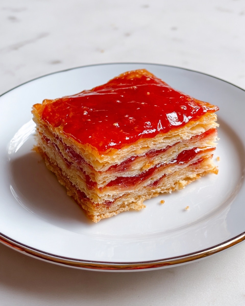 A square piece of layered pastry sits in the center of a white plate with a thin silver rim, placed on a white marbled surface. The pastry has three visible layers of golden-brown flaky crust with a light, crumbly texture. Between the crust layers, a thin spread of red jam is visible, and the top layer is covered with a shiny, thick coating of red jelly that looks smooth and glossy. The pastry has slight uneven edges and a small bite taken from one corner, revealing the soft inner layers. photo taken with an iphone --ar 4:5 --v 7