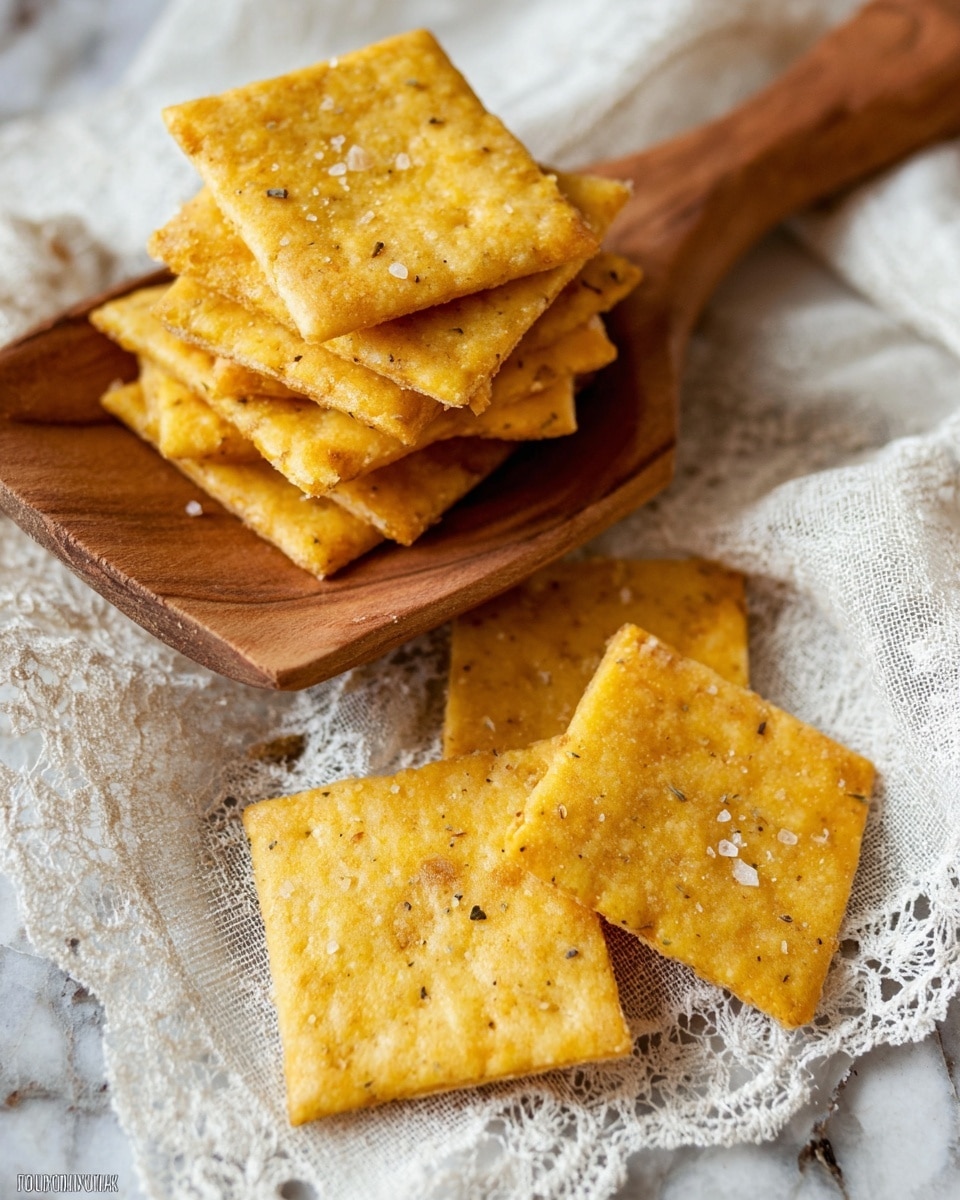 The image shows a group of golden, square crackers piled on a white cloth with a lace pattern, sitting on a wooden surface. Some crackers are stacked on a flat wooden spoon with a light brown color and visible grain. The crackers have a rough texture with bits of herbs and small salt crystals sprinkled on top. The edges are slightly browned, giving a crispy look, and one cracker on the spoon is broken in half, showing the same texture inside. photo taken with an iphone --ar 4:5 --v 7