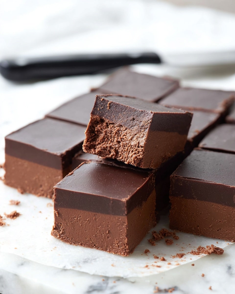 The image shows six thick, square pieces of rich, smooth chocolate fudge arranged closely together on a white marbled surface. Each piece has two visible layers: a dark, slightly glossy top layer and a dense, matte chocolate bottom layer with a soft texture. One piece is tilted and resting on the edges of two others, showing its interior crumbly yet creamy texture. A blurred, black-handled knife lies in the background on the white marbled surface. photo taken with an iphone --ar 4:5 --v 7